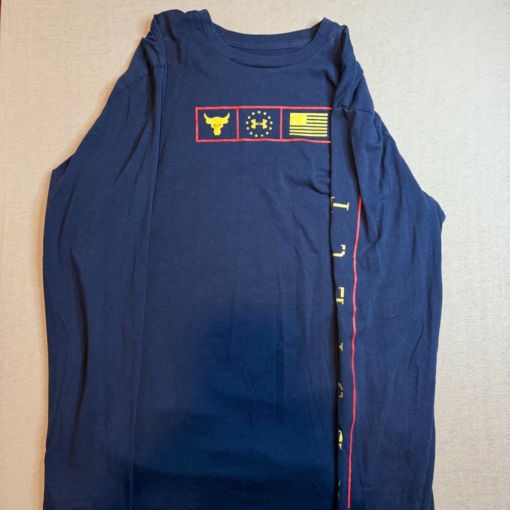 Under Armour Project Rock Mens Navy Blue Long Sleeve HeatGear Graphic Shirt M - Picture 1 of 6